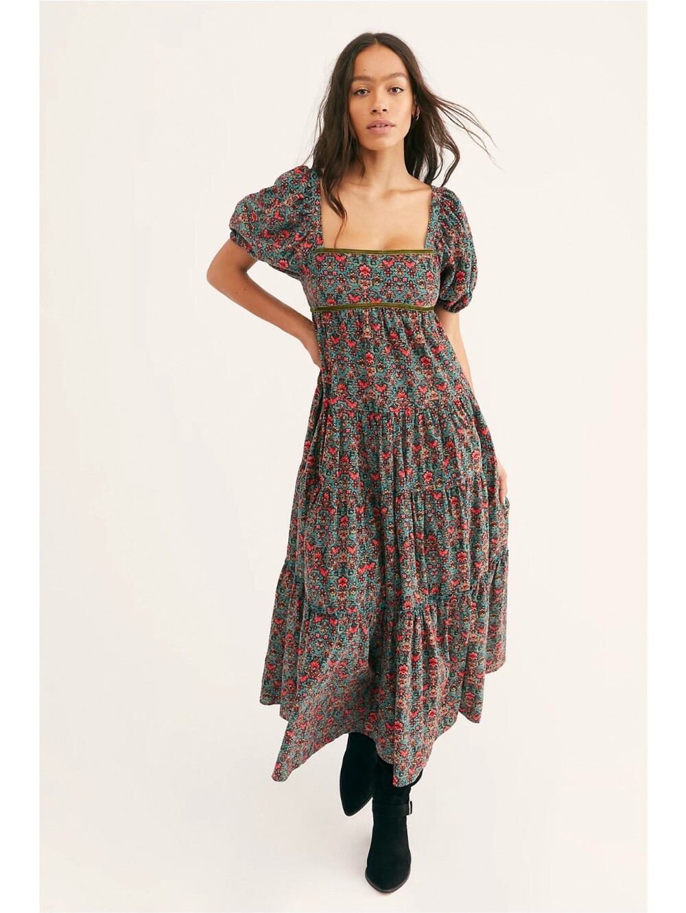 Free People Floral Maxi Dress in Green and Red